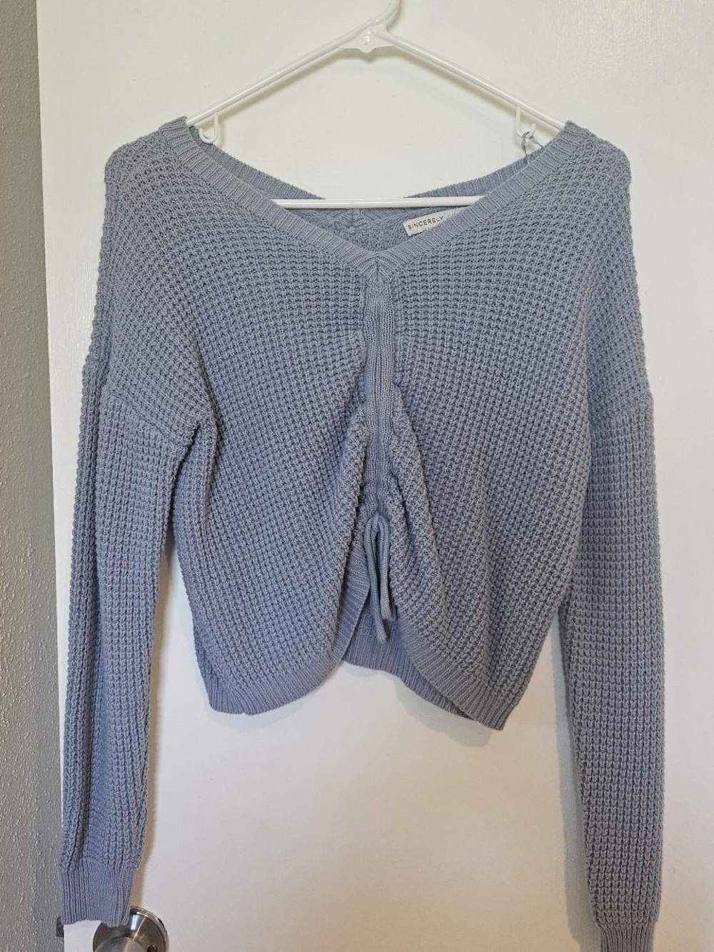 Light Blue Knit V-Neck Drawstring Sweater